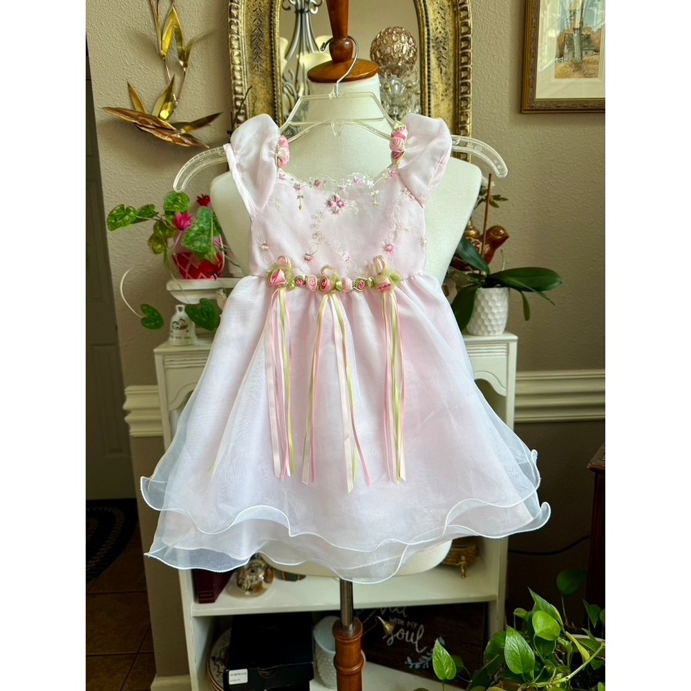 Vintage Rare Editions Sz 24M Pink Embroidered Ribbons & Roses Scalloped Dress